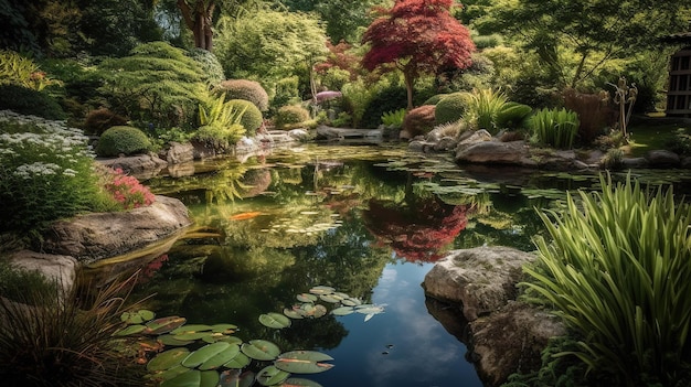 Um lago em um jardim com um lago de carpas e uma árvore ao fundo.