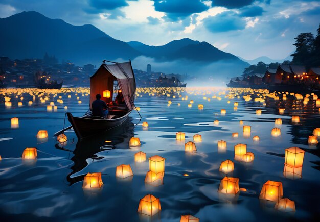 um lago está cheio de lanternas de papel ao entardecer