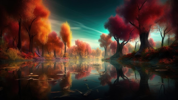 Um lago na floresta com árvores e o céu