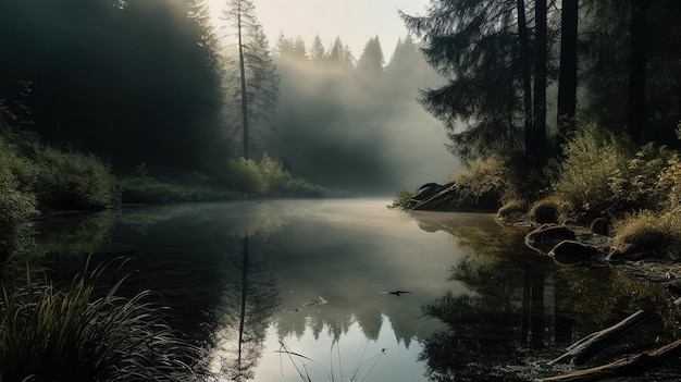 Um lago na floresta com um fundo nebuloso e a palavra "o" no fundo.