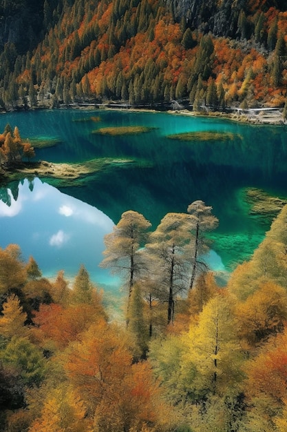 Um lago na floresta com uma floresta ao fundo