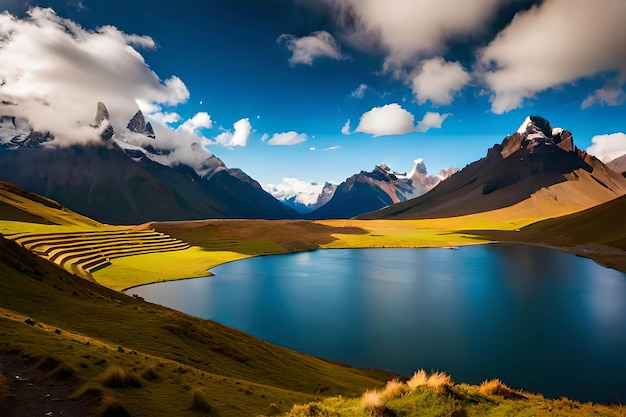 Um lago nas montanhas com nuvens ao fundo