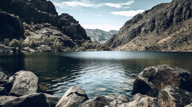 Um lago nas montanhas com um céu azul e montanhas ao fundo