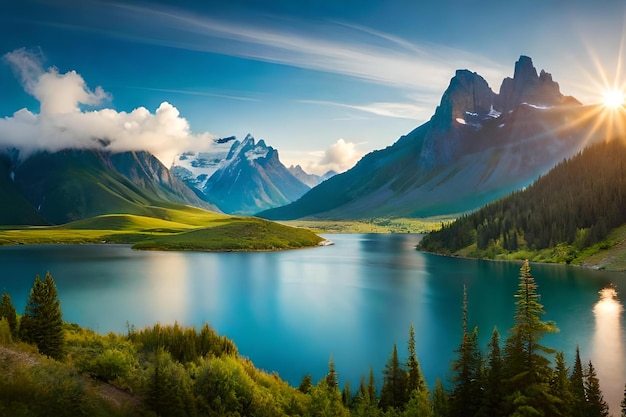 Um lago nas montanhas com um céu azul e nuvens