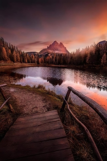 Foto um lago nas montanhas com um pôr do sol ao fundo