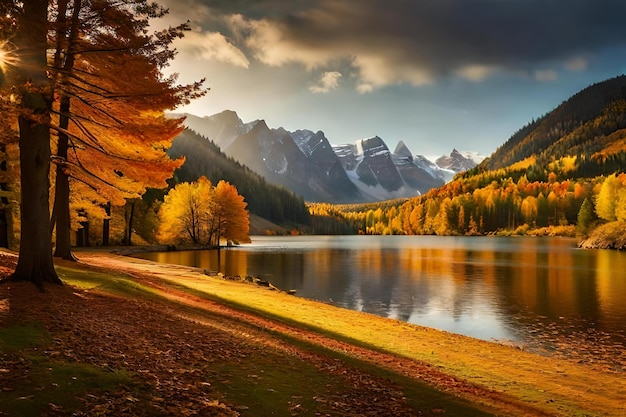 Um lago nas montanhas com uma folhagem de outono ao fundo