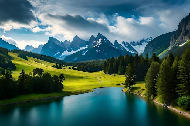 Um lago nas montanhas com uma montanha ao fundo