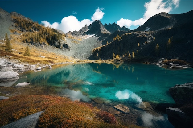 Um lago nas montanhas com uma montanha ao fundo