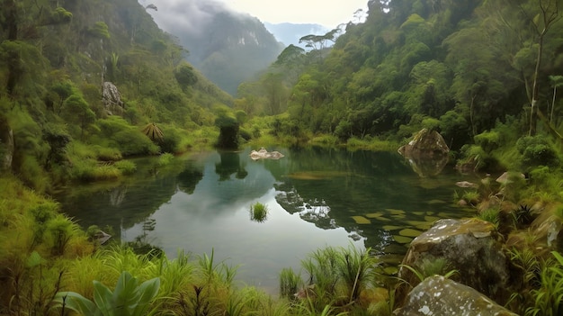 Um lago nas montanhas com uma montanha ao fundo