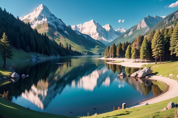 Um lago nas montanhas com uma montanha ao fundo