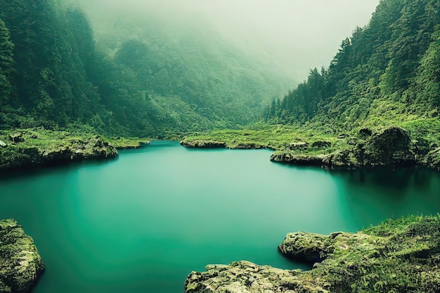 Um lago nas montanhas com uma montanha verde ao fundo