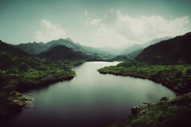 Um lago nas montanhas com uma paisagem verde e um céu nublado