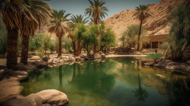 Um lago no deserto com palmeiras e montanhas ao fundo