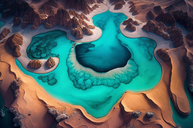 Um lago no deserto com uma superfície de água azul e um grande lago em forma de coração.