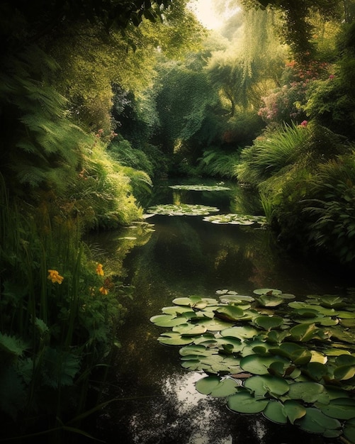 Um lago no jardim com nenúfares e uma árvore verde ao fundo.