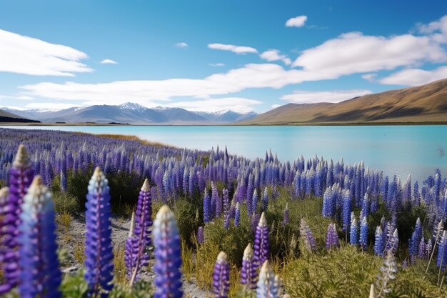 Um lago no meio de um campo de flores roxas