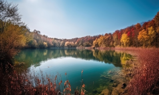 Um lago no outono com as árvores ao fundo