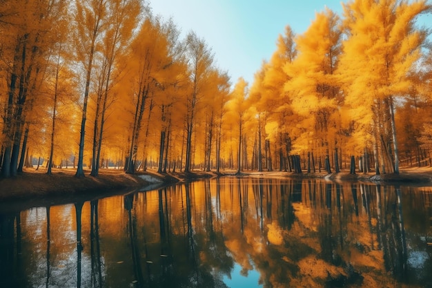 Um lago no outono com folhas douradas