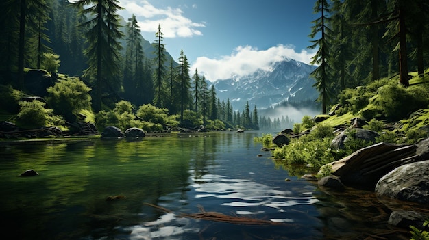 Um lago numa floresta verde.