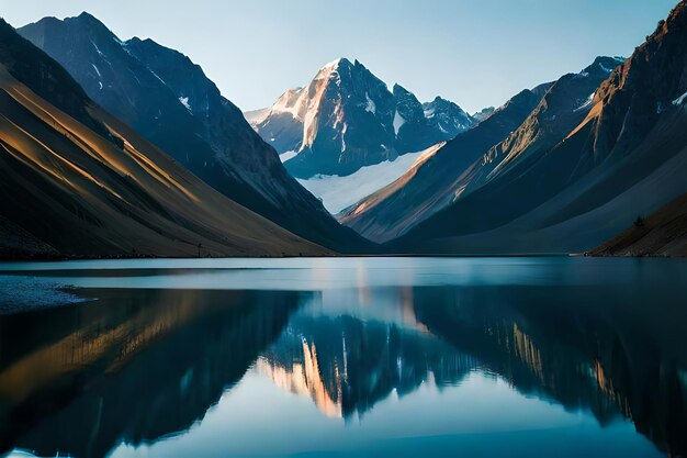 Um lago pacífico refletindo as grandes cristas montanhosas que o abrangem Recurso Criativo AI Gerado