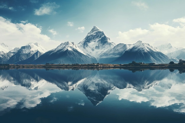 Um lago prístino refletindo picos altíssimos no fundo