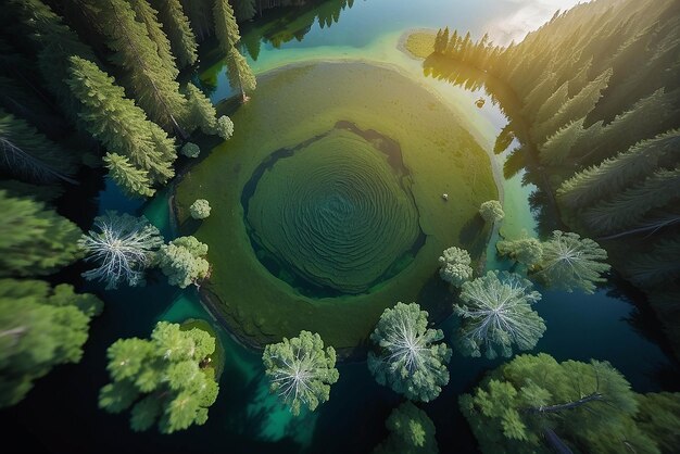 Um lago quase perfeitamente circular filmado diretamente do ar se assemelha à terra cercada por uma floresta de pinheiros