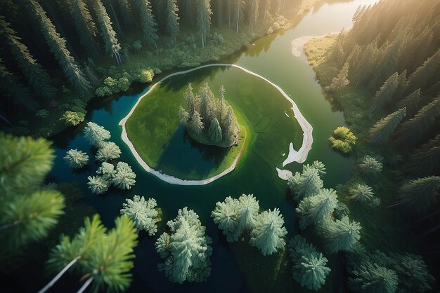 Foto um lago quase perfeitamente circular filmado diretamente do ar se assemelha à terra cercada por uma floresta de pinheiros