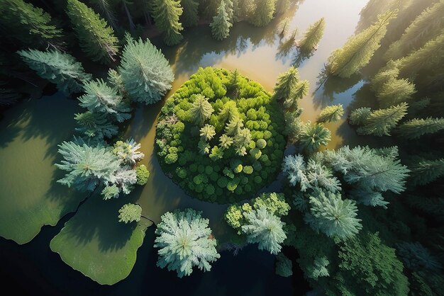Foto um lago quase perfeitamente circular filmado diretamente do ar se assemelha à terra cercada por uma floresta de pinheiros