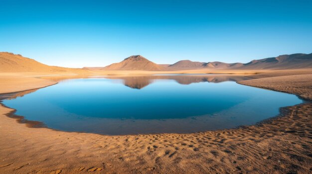 Foto um lago quieto no meio de um vasto deserto cercado por tons de terra apagados e um céu azul claro