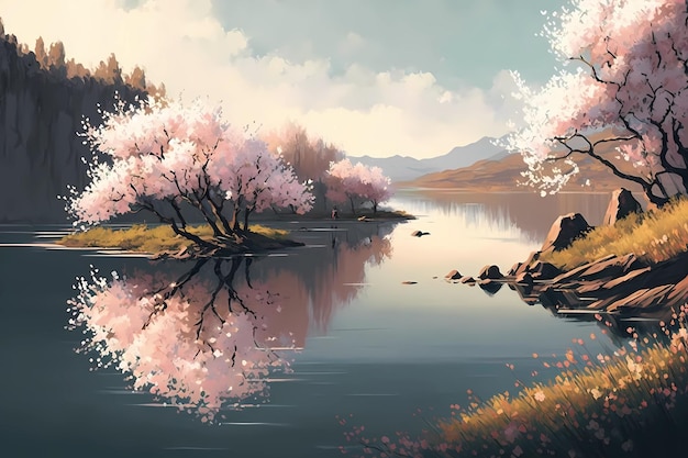 Um lago sereno cercado por ilustração de arte digital em flor de cerejeira