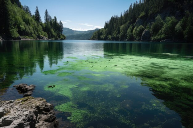 Um lago sereno cercado por microplásticos criados com IA generativa