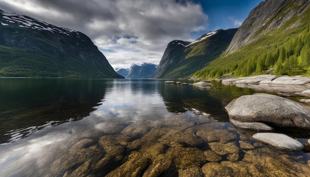 Um lago sereno com montanhas ao fundo