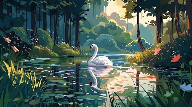 Um lago sereno com um cisne nadando graciosamente Conceito de fantasia Ilustração pintura