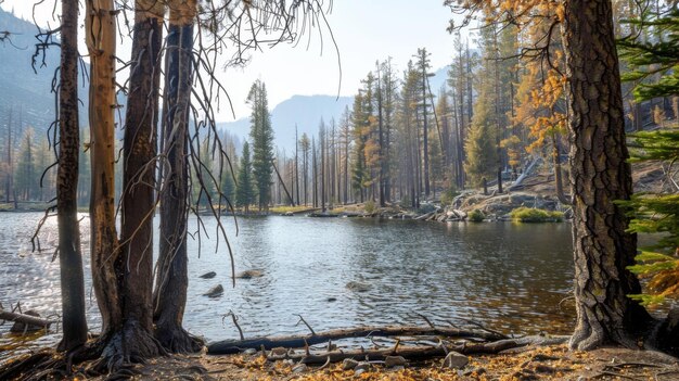 Um lago sereno emoldurado por altas árvores cujas folhas salpicadas de nova luz solar à medida que começam a se curar de