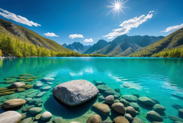 Um lago sereno onde as pedras lisas brilham sob o claro turquesa