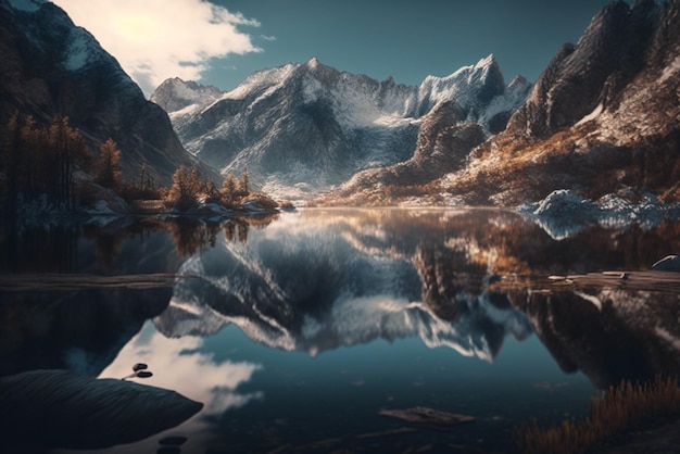 um lago sereno refletindo as montanhas circundantes representando a beleza da natureza