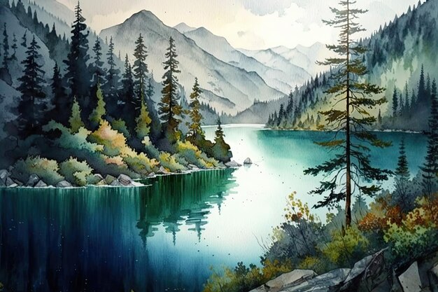 Um lago tranquilo cercado por uma floresta exuberante e montanhas pintadas em aquarela