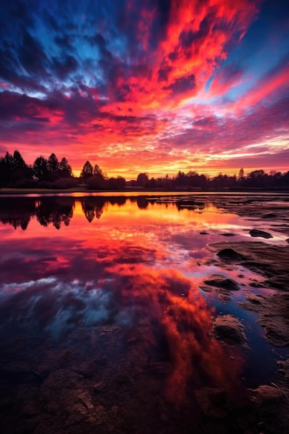 Um lago tranquilo refletindo um pôr do sol de tirar o fôlego criado com ai generativa