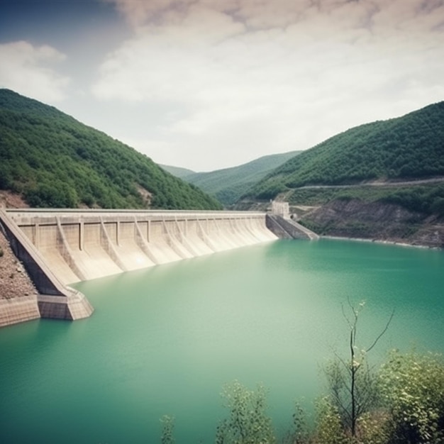 Um lago verde com uma superfície de água azul e uma montanha verde ao fundo.