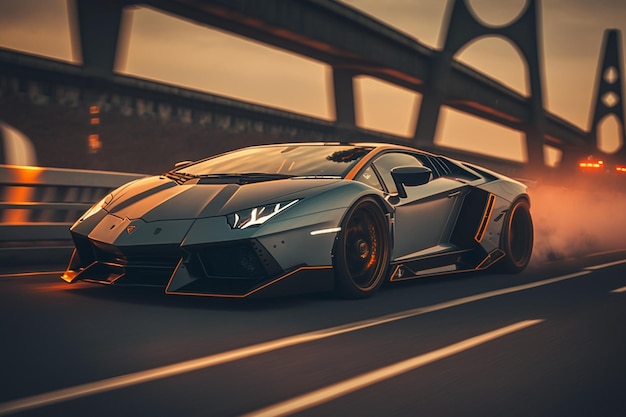 Um lamborghini preto com listras laranja desce uma ponte.