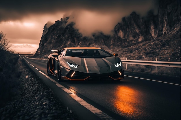 Um lamborghini preto em uma estrada com as luzes acesas