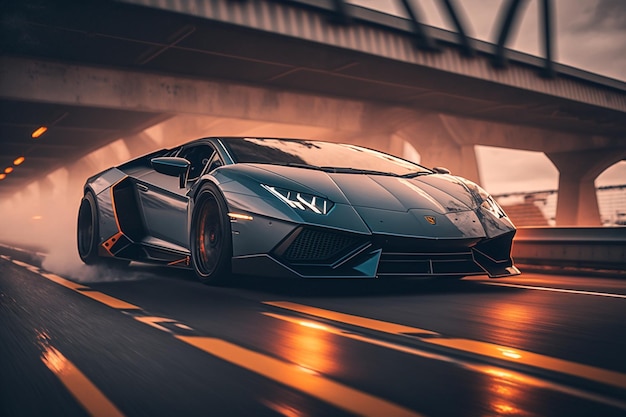 Um lamborghini preto está dirigindo em uma ponte na chuva.