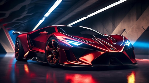 Um lamborghini vermelho está em uma sala escura com um fundo escuro.