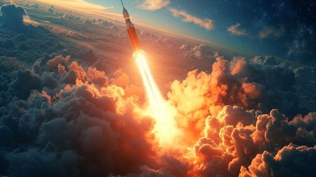Foto um lançamento espacial com chamas e colunas de fumaça impulsionando um foguete para os céus