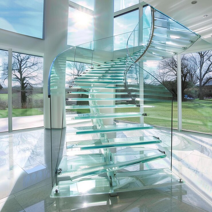 Foto um lance de escadas de vidro completamente transparente com barragens brilhantes em uma mansão de ponta