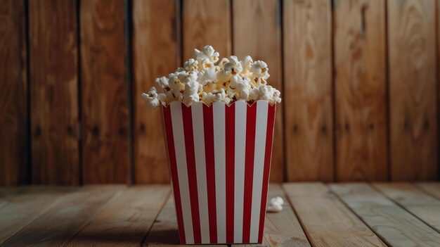 Foto um lanche delicioso e crocante perfeito para a noite de cinema o clássico recipiente listrado vermelho e branco é certo para trazer um sorriso no seu rosto