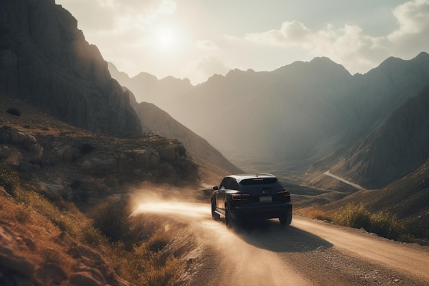 Um Land Rover está dirigindo em uma estrada de terra com montanhas ao fundo.