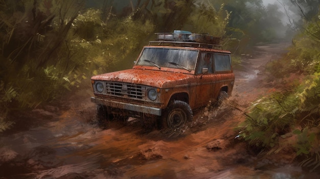 Um Land Rover vermelho está dirigindo por uma floresta lamacenta.