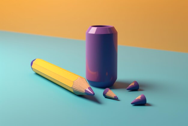 Um lápis amarelo está ao lado de uma lata de refrigerante.