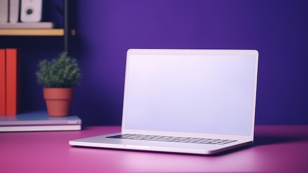 Um laptop branco com uma planta na mesa